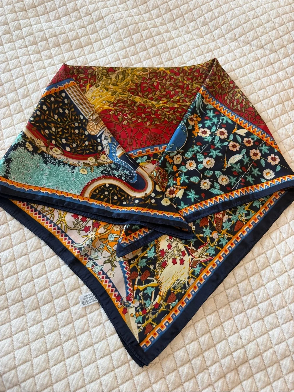 Vintage Style 100% Silk Scarf - Elegant Floral & Tree Print